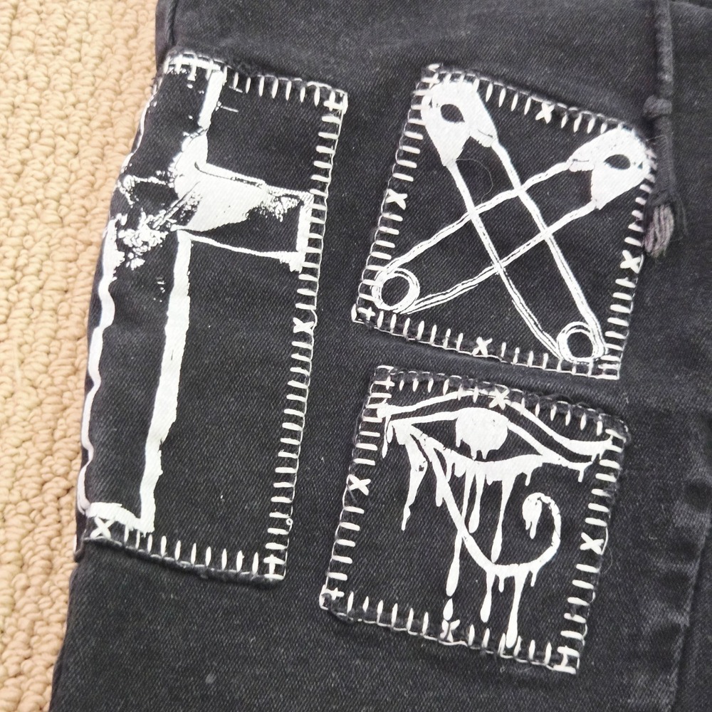 Current Mood Dolls Kill Black Jeans Womens Medium Patch Lace Up Punk Goth Skinny - Picture 7 of 16